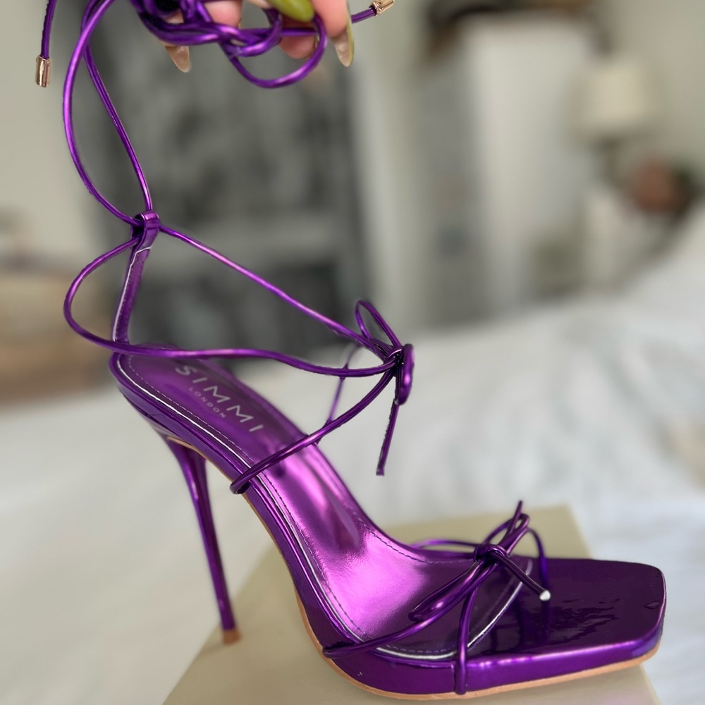 Metallic purple lace up heels